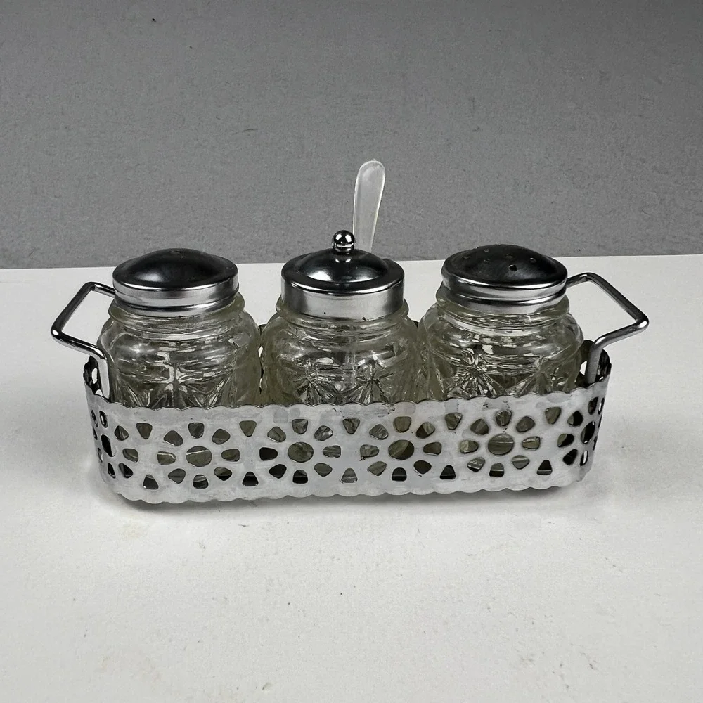 Vintage Condiment Set Glass Jars Metal Caddy Silver Clear Mid Century Tableware